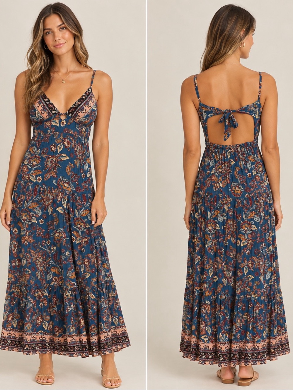 Angie Blue Floral Boho Tie Back Maxi Dress Size M